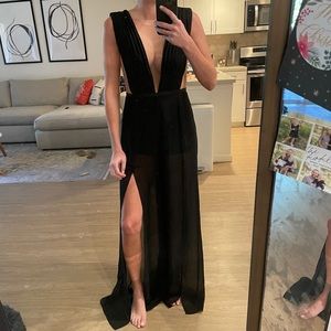 Black long sheer Bebe fancy romper with slits